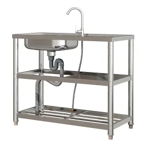 1 Compartment Commercial Floorstanding Stainless Steel Kitchen Sink with 2 Tier Shelf