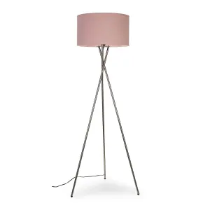 ValueLights Camden Modern Brushed Chrome Metal Tripod Floor Lamp with Pink Cylinder Shade - Includes 6w LED Bulb 3000K Warm White