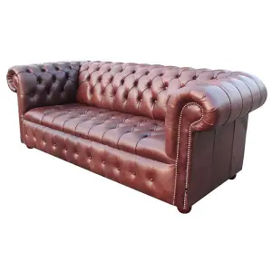 Chesterfield 3 Seater Buttoned Seat Sofa Old English Hazel Real Leather In Classic Style