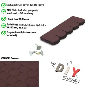 Premium Asphalt Roof Shingles, 25 Pcs Covers 32.2 sqft - Brown Fish Scales Design 80 x 31.5 cm Weather Resistant Roofing Felt