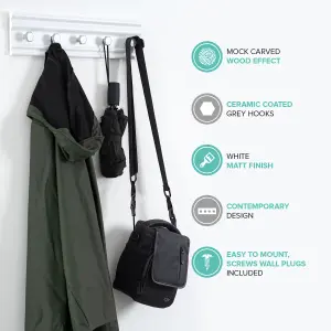 LIVIVO Wall Mounted Floating Coat Rack - Modern, Sleek, Space-Saving Clothes Hanger with 5 Hooks - White & Grey