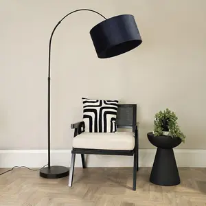 ValueLights Louis Black Arched Curved Floor Lamp with Navy Blue Velvet Drum Lamp Shade and LED Bulb