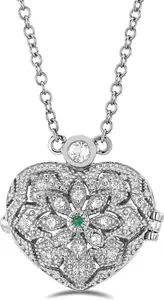 Emerald May Birthstone Vintage Locket Necklace White Topaz In Silver