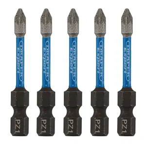 Draper Expert PZ-Type Impact Screwdriver Bits, No.1 x 50mm, 1/4" Hex (Pack of 5) 05646