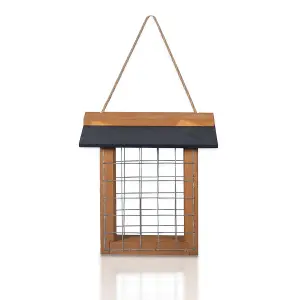 Wooden Suet Ball or Cake Bird Feeder with Slate Roof, Metal Cage & Hanging Cord - Outdoor Garden Wild Bird Feeding Station