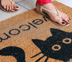 Coco & Coir Door Mats Indoor Outdoor Non Slip Cat Design Entrance Welcome 45cm x 75cm MEOW WELCOME