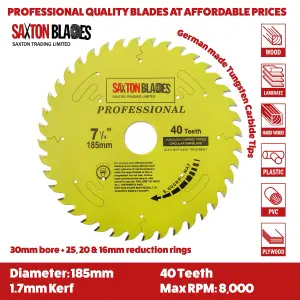 Saxton TCT18540TPRO Professional Range TCT Circular Blade 185mm x 40 Teeth x 20mm bore 16mm ring