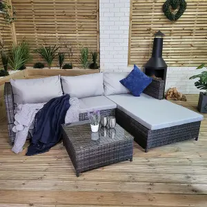 3PC 4 Seater Brown Rattan Chair Garden Sofa Set Daybed With Grey Cushions and Glass Top Coffee Table