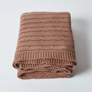 Homescapes Cotton Cable Knit Throw, Chocolate, 150 x 200 cm