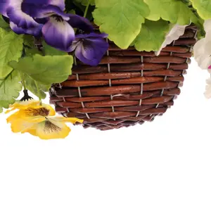 Oypla Artificial Garden Hanging Wicker Basket with Multicoloured Pansy Flowers