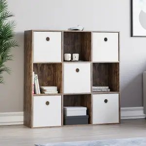 Vida Designs Durham Dark Wood 3x3 Cube Storage Unit & Set of 5 White Foldable Cube Storage Baskets