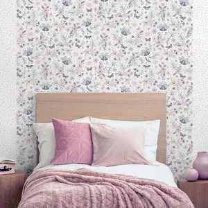 Muriva Pink Floral Metallic effect Embossed Wallpaper