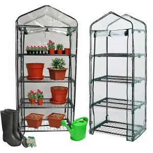 1 x 4 Tier Outdoor Compact Greenhouse With Shelves Roll Up Zip Panel Door & Steel Frame