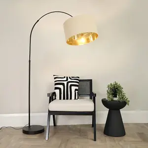 ValueLights Louis Black Arched Curved Floor Lamp with Beige and Gold Inner Shade & LED Bulb