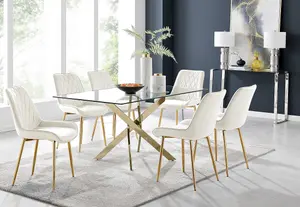 Furniturebox UK Leonardo 6 Gold Dining Table and 6 Cream Pesaro Gold Leg Chairs