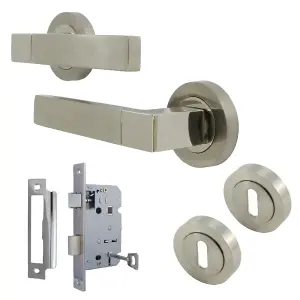 Cafri Line Door Handle Lock Key Set Modern Satin Nickel Lever on Rose Internal Escutcheon