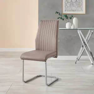 Set of 2 Lorenzo Cappuccino Beige High Back Stitched Soft Touch Faux Leather Chromed Cantilever Metal Leg Dining Chairs