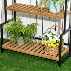 Outsunny 3 Tiered Plant Stand Rack with Hanging Hooks for Indoor Outdoor