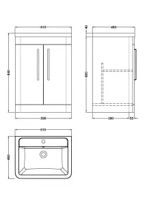 Floor Standing 2 Door Vanity Unit with Ceramic Basin - 600mm - Soft Black