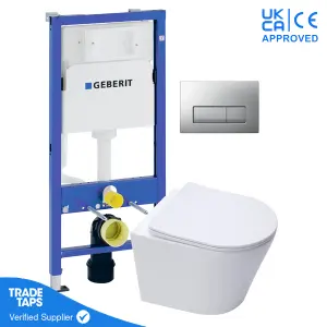 White Wall Hung Toilet Pan with Geberit Concealed Cistern Frame 112cm & Delta50 Matt Chrome Flush Plate