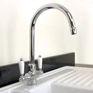 Astini Colonial Chrome & Double White Ceramic Handle Kitchen Sink Mixer Tap