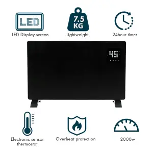 2000W LED Display Smart Electric Glass Panel Heater Wifi Enabled - Black