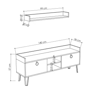 Decortie Keday Modern TV Unit Multimedia Centre Oak Anthracite Grey with Wall Shelf Unit 140cm