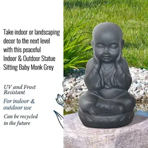 Buddha Statue Indoor and Outdoor, Grey Stone Effect Feng Shui Ornament, Buddha Baby Monk Figurine L20 W17 H35 cm