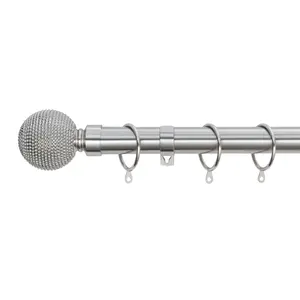 A.Unique Home Beaded Ball Metal Extendable Curtain Pole with Rings and Fittings (25/28mm) - Brushed Steel, 120cm - 220cm Approx