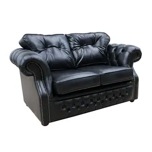 Chesterfield 2 Seater Old English Black Real Leather Sofa Bespoke In Era Style