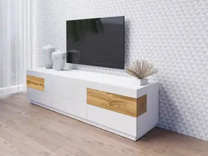 Sleek Silke 40 TV Cabinet 206cm - White Gloss & Wotan Oak: Modern Storage Solution for Contemporary Living Spaces