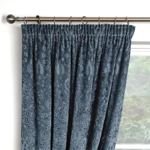 Trinity Velvet Ornamental Floral Pair of Blue Pencil Pleat Curtains