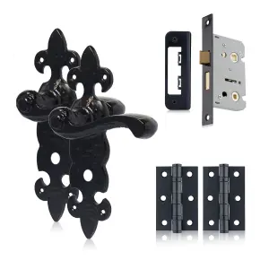 XFORT Black Antique Fleur De Lys Bathroom Handles & Bathroom Lock & Butt Hinges