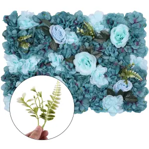 Artificial Flower Wall Backdrop Panel, 60cm x 40cm, Turquoise Blue with Leaves