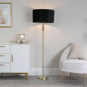 ValueLights Marissa Gold Stacked Ball Floor Lamp with Black Velvet Shade