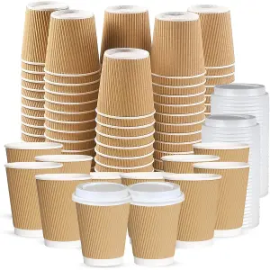 ECONX 8oz Takeaway Coffee Cups with White Lids Triple Walled Insulated Disposable Ripple Coffee Cups (Pack of 50)