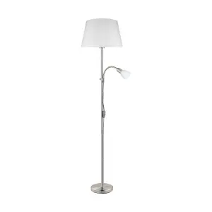 Floor Lamp Light Satin Nickel Shade White Fabric Glass Bulb E27&E14 1x60W/1x40W