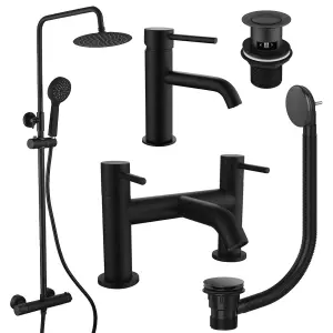 Matt Black Round Thermostatic Overhead Shower Kit with Peg Basin Tap, Bath Filler, and Pop Up Bath Waste