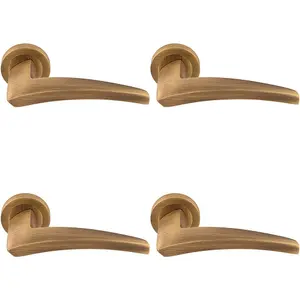 4 PACK - Premium Elegant Curve Door Handle Set - Antique Brass Bar Lever on Round Rose