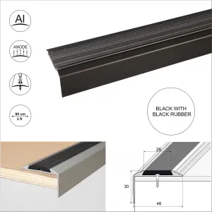 A38 46 x 30mm Anodised Aluminium Non Slip Rubber Stair Nosing Edge Trim - Black With Black Rubber, 0.9m