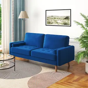 176CM Velvet Love Seat Blue Couch with 2 Pillows