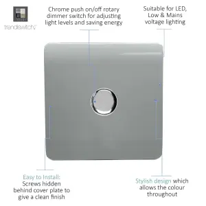 Trendi Switch 1 Gang 1 or 2 way 150w Rotary LED Dimmer Light Switch in Platinum Silver