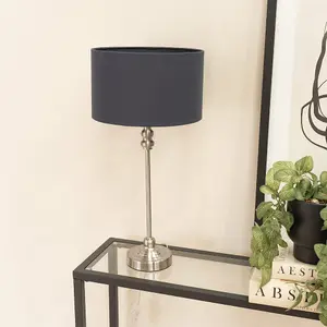 ValueLights Maggie Brushed Chrome Candlestick Slim Table Lamp with Charcoal Fabric Drum Lamp Shade