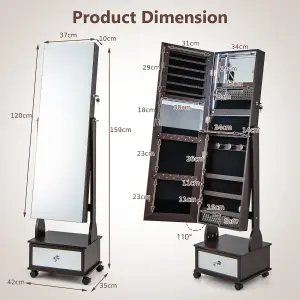 Costway Lockable Jewelry Armoire w/ Full-Length Mirror Mobile Jewelry Cabinet w/ 3-Color Light & Drawer Adjustable Angles