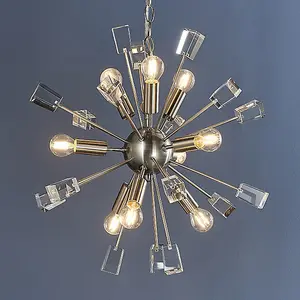 Luminosa Miro 9 Light Ceiling Pendant Satin Nickel Plate & Clear Crystal Glass, E14