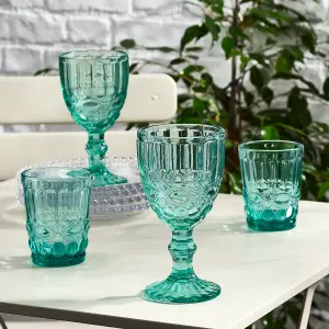 Set of 4 Vintage Luxury Turquoise Wine Glass Wine Goblets & Drinking Glass Tumblers 350ml