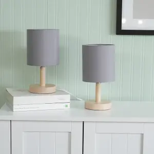 ValueLights Nelly Set of 2 - Natural Wood Base Bedside Table Lamps with Grey Cylinder Lampshade - LED Bulbs Included