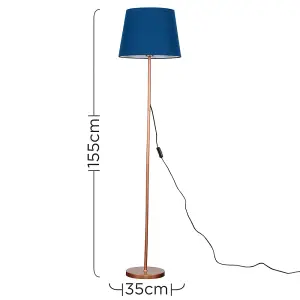 ValueLights Modern Standard Floor Lamp In Copper Metal Finish With Navy Blue Tapered Shade - With LED GLS Bulb in Warm White