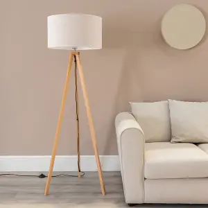 ValueLights Barbro Wooden Tripod Floor Lamp with Natural Linen with White Trim Drum Shade and LED Bulb