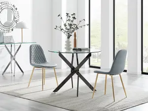 Furniturebox UK Novara 100cm Round Black Leg Dining Table & 2 New Grey Corona Gold Chairs